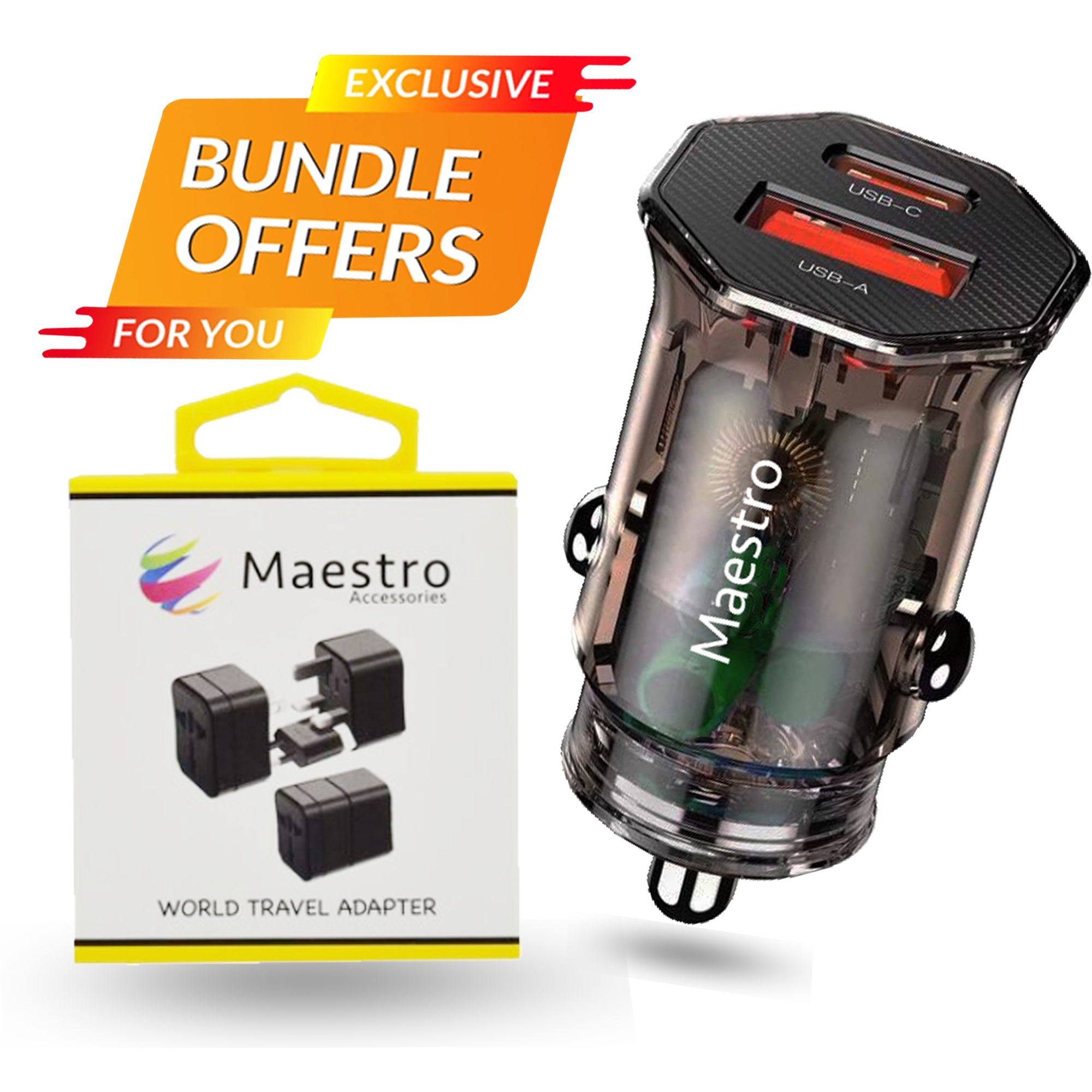 MAESTRO TRANSPARENT PD30W+QC3.0 24W FAST CAR CHARGER AND Z7 UNVIVERSAL ADAPTER