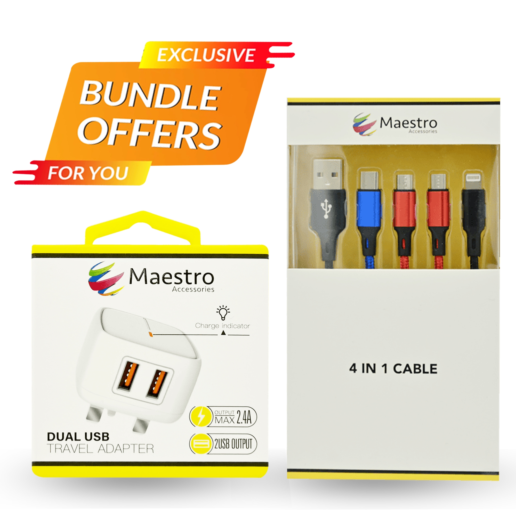 MAESTRO 4 IN 1 CABLE AND 2USB TRAVEL ADAPTER