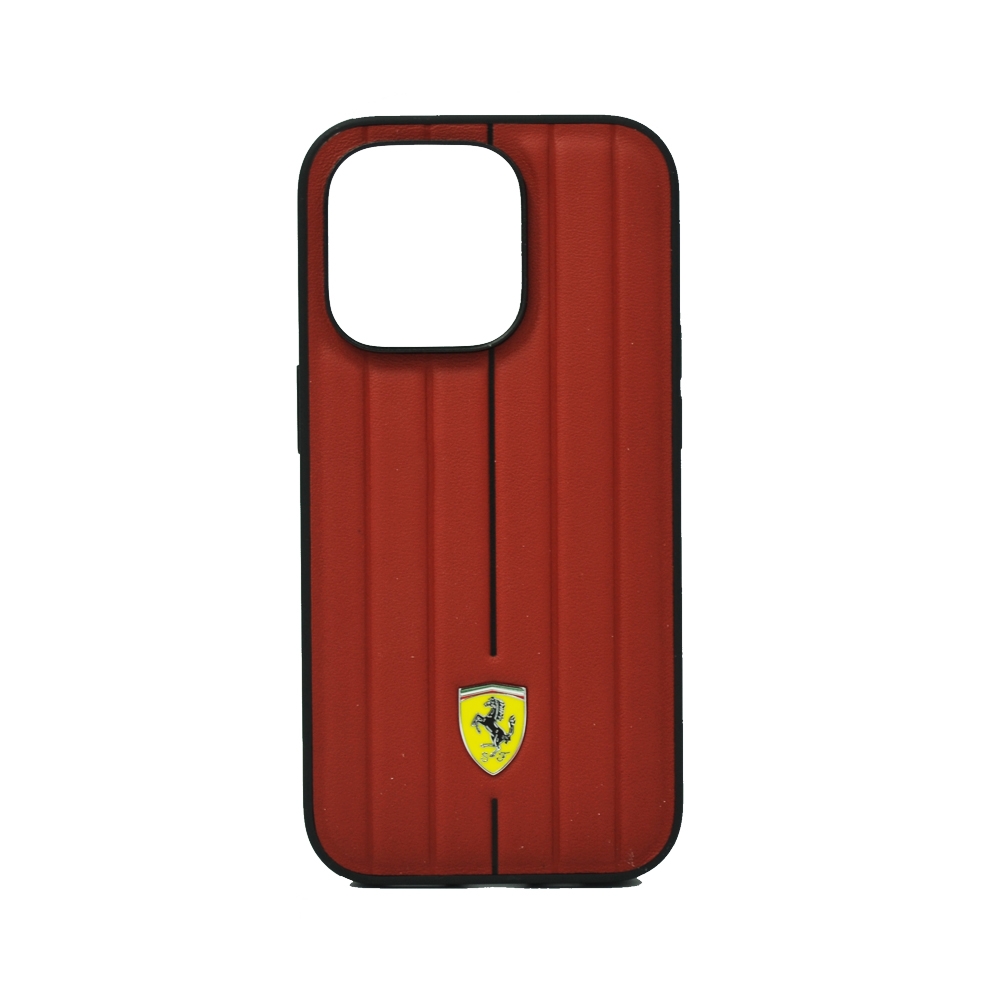 & FERRARI LEATHER CASE WITH EMBOSSED STRIPES YELLOW SHIELD LOGO FOR IPHONE 14 PRO MAX RED