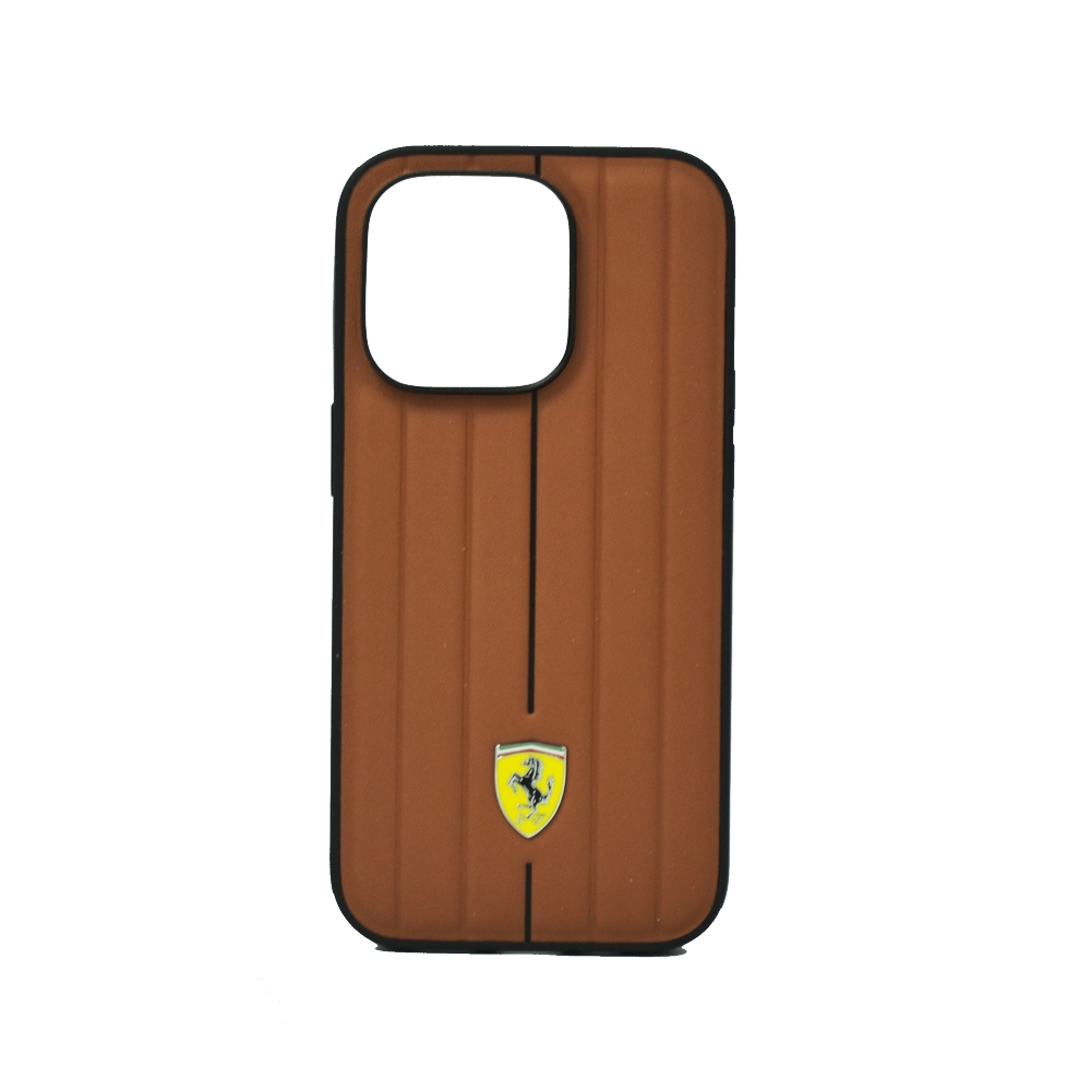 & FERRARI LEATHER CASE WITH EMBOSSED STRIPES YELLOW SHIELD LOGO FOR IPHONE 14 PRO CAMEL