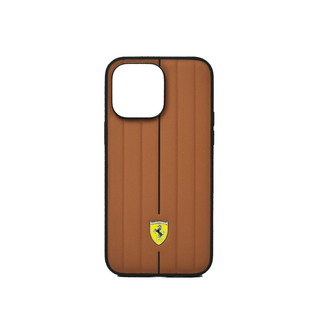 & FERRARI LEATHER CASE WITH EMBOSSED STRIPES YELLOW SHIELD LOGO FOR IPHONE 14 PRO MAX CAMEL