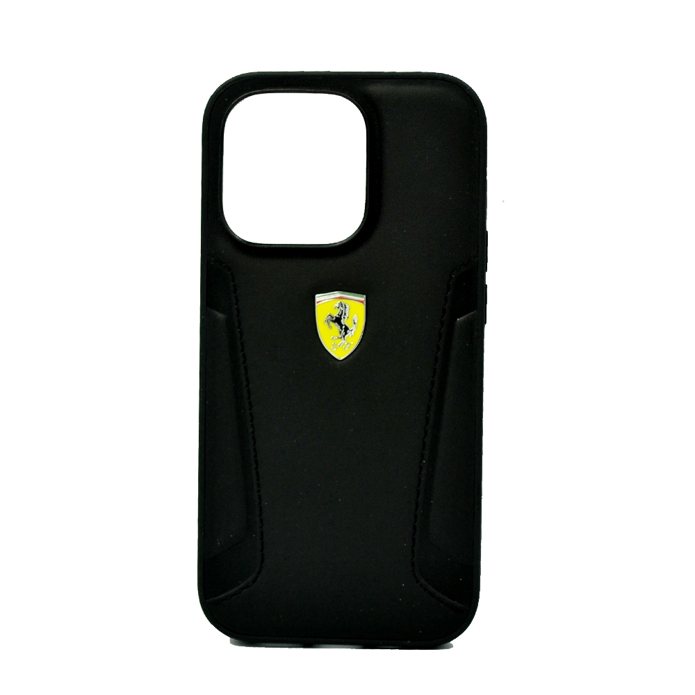 FERRARI LEATHER CASE WITH HOT STAMPED SIDES YELLOW SHIELD LOGO FOR IPHONE 14 PRO BLACK