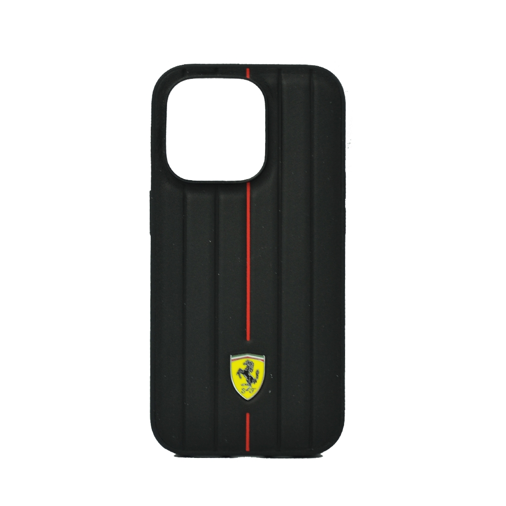 & FERRARI LEATHER CASE WITH EMBOSSED STRIPES YELLOW SHIELD LOGO FOR IPHONE 14 PRO BLACK