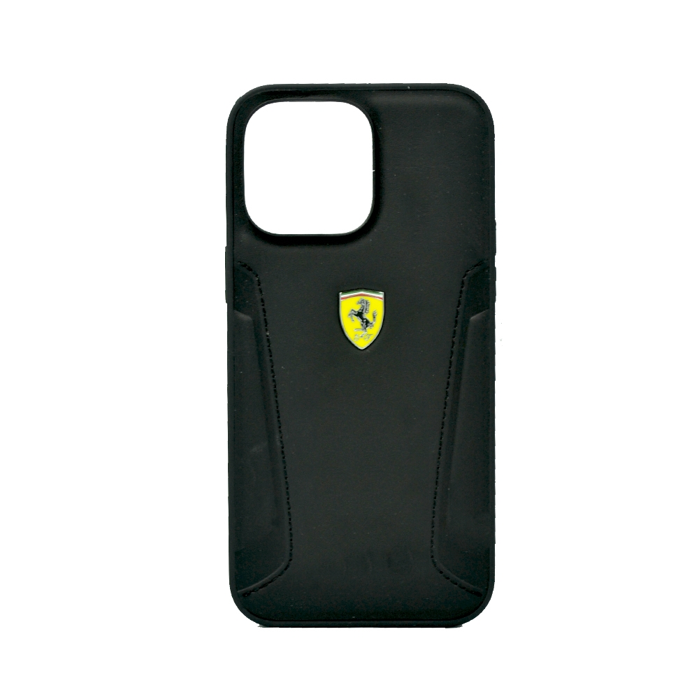 FERRARI LEATHER CASE WITH HOT STAMPED SIDES YELLOW SHIELD LOGO FOR IPHONE 14 PRO MAX BLACK