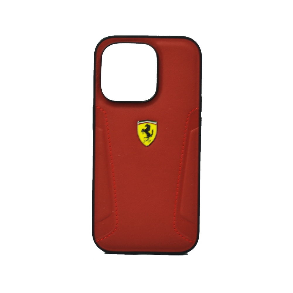 FERRARI LEATHER CASE WITH HOT STAMPED SIDES YELLOW SHIELD LOGO FOR IPHONE 14 PRO RED