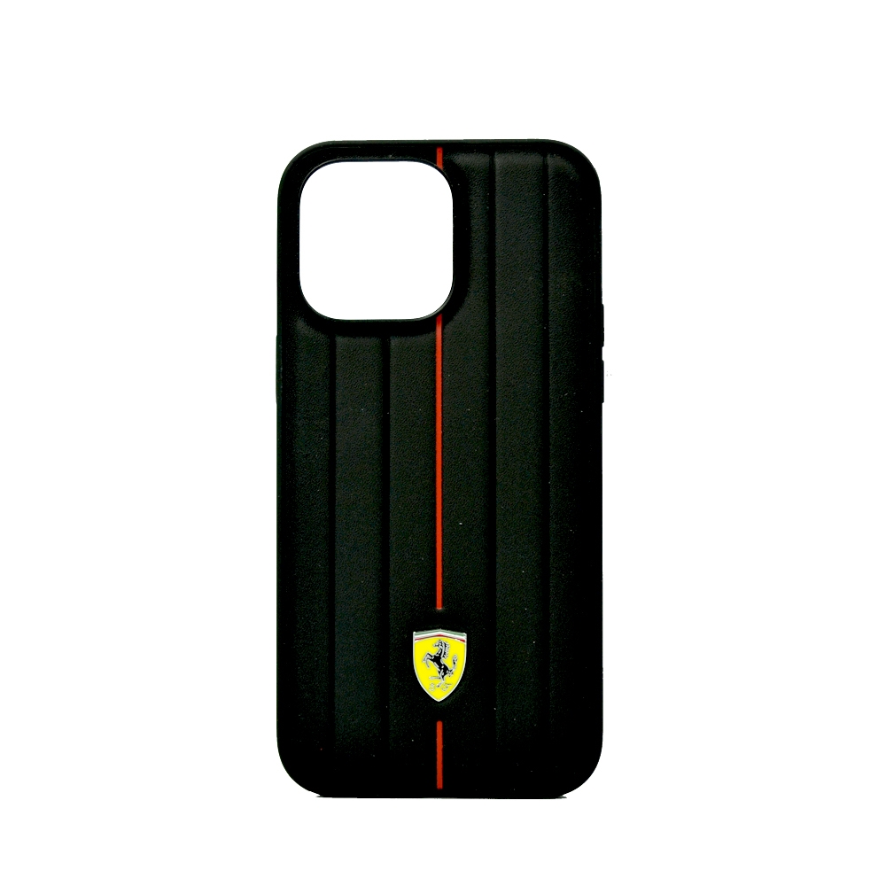 & FERRARI LEATHER CASE WITH EMBOSSED STRIPES YELLOW SHIELD LOGO FOR IPHONE 14 PRO MAX BLACK