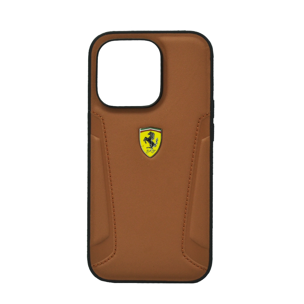 FERRARI LEATHER CASE WITH HOT STAMPED SIDES YELLOW SHIELD LOGO FOR IPHONE 14 PRO CAMEL