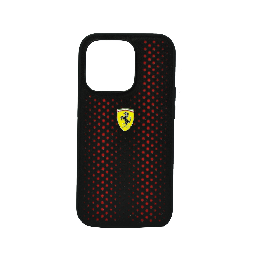 FERRARI PU LEATHER PERFORATED CASE WITH NYLON BASE & YELLOW SHIELD LOGO FOR IPHONE 14 PRO RED