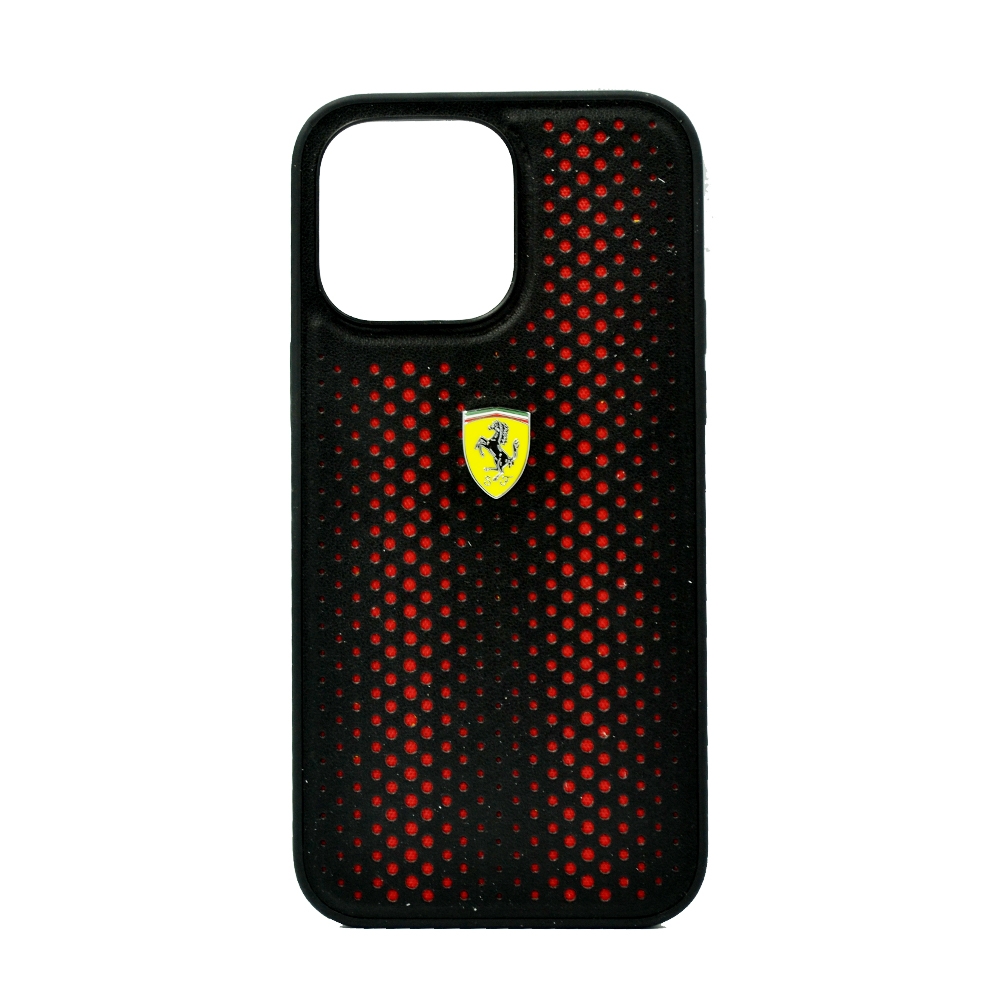 FERRARI PU LEATHER PERFORATED CASE WITH NYLON BASE & YELLOW SHIELD LOGO FOR IPHONE 14 PRO MAX RED