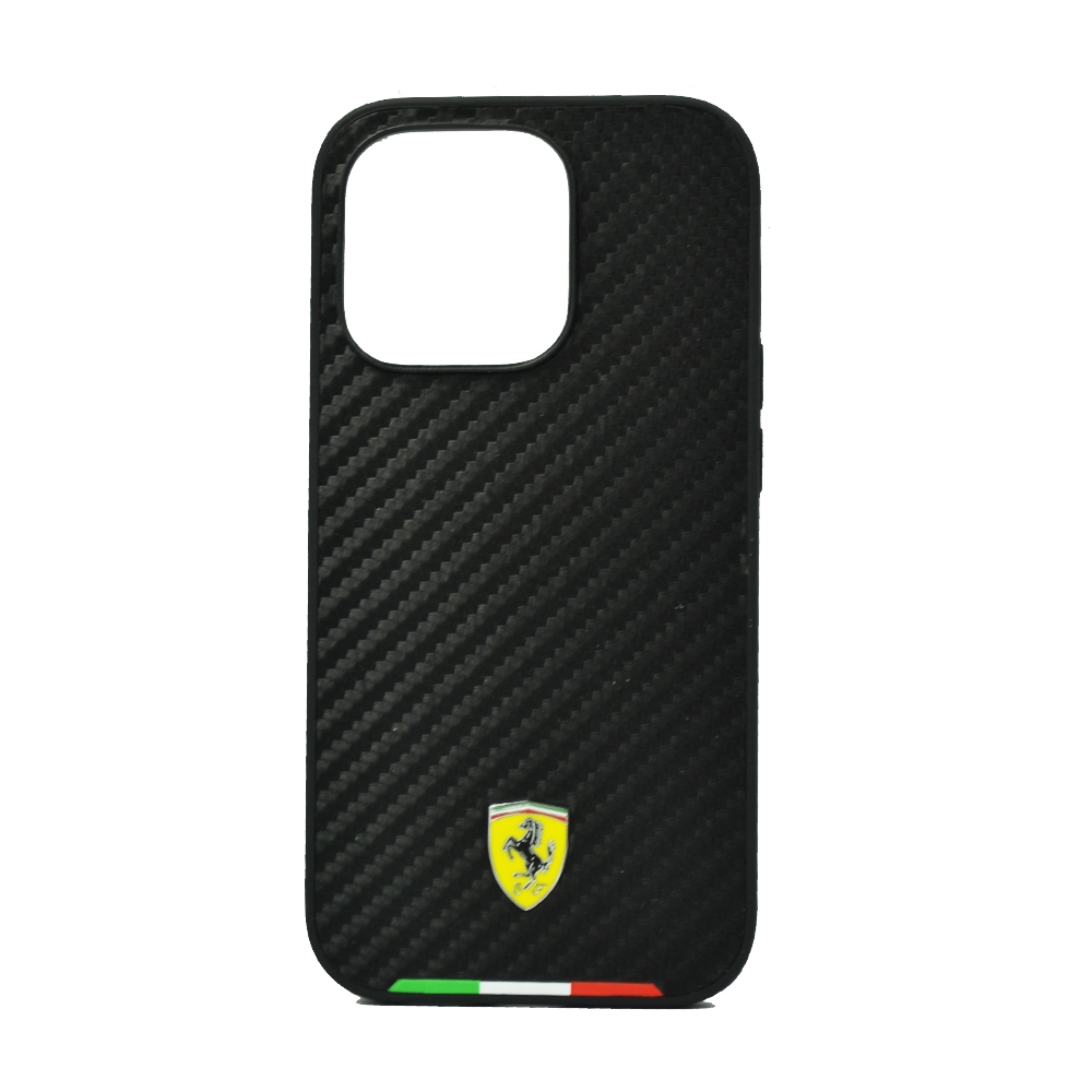 FERRARI HC PU CARBON EFFECT CASE WITH ITALIAN FLAG LINE FOR IPHONE 14 PRO BLACK