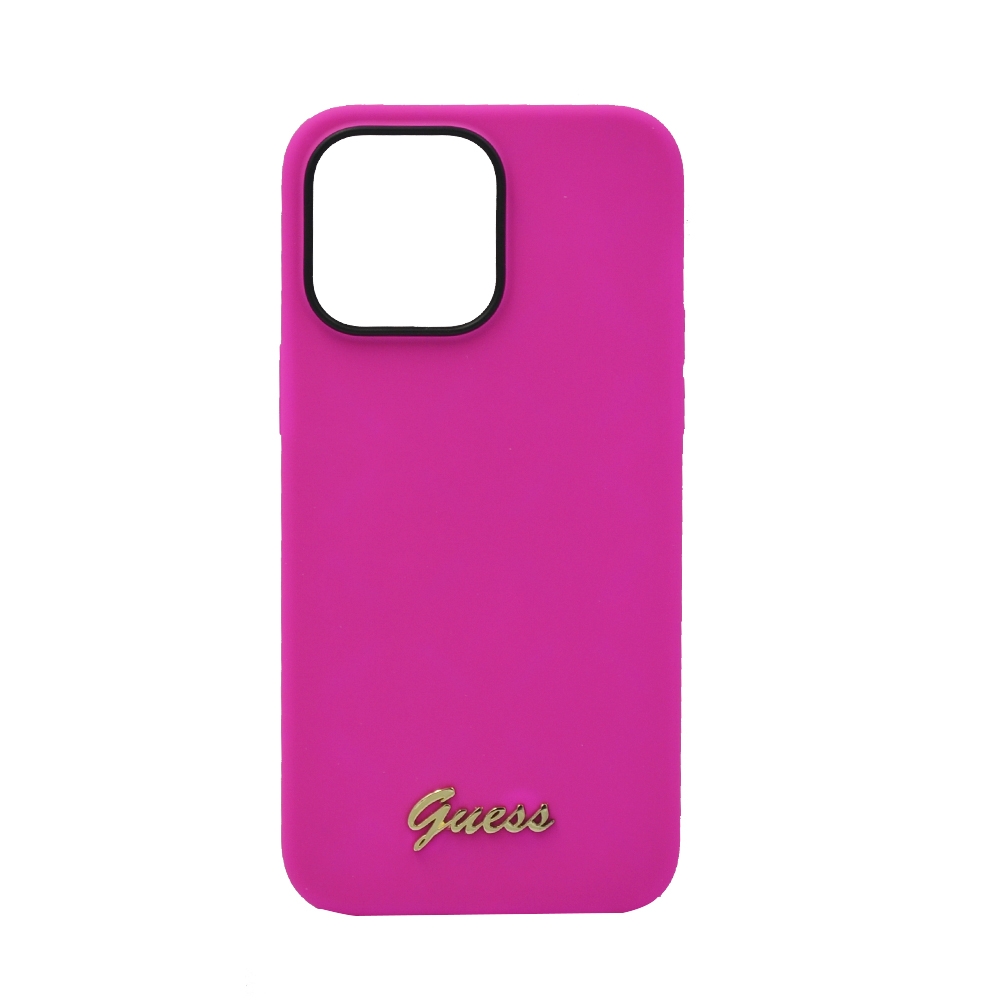 GUESS SILICONE PC CAMERA SCRIPT LOGO HARD CASE FOR IPHONE 14 PRO MAX FUSCHIA