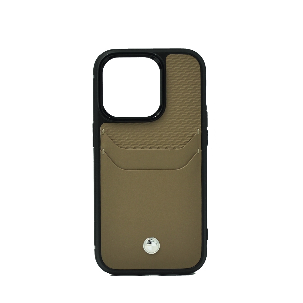 BMW SIGNATURE COLLECTION GENUINE LEATHER CASES WITH CARDSLOT EMBOSSED PATTERN FOR IPHONE 14 PRO TAUPE