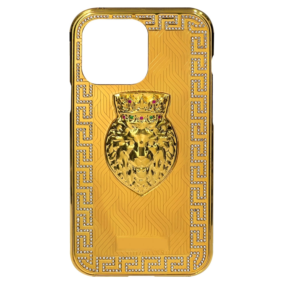 VIP TOUCH IPHONE 14 PRO MAX GOLD W/CRYSTAL BORDER & LION HEAD 3D LIMITED EDITION