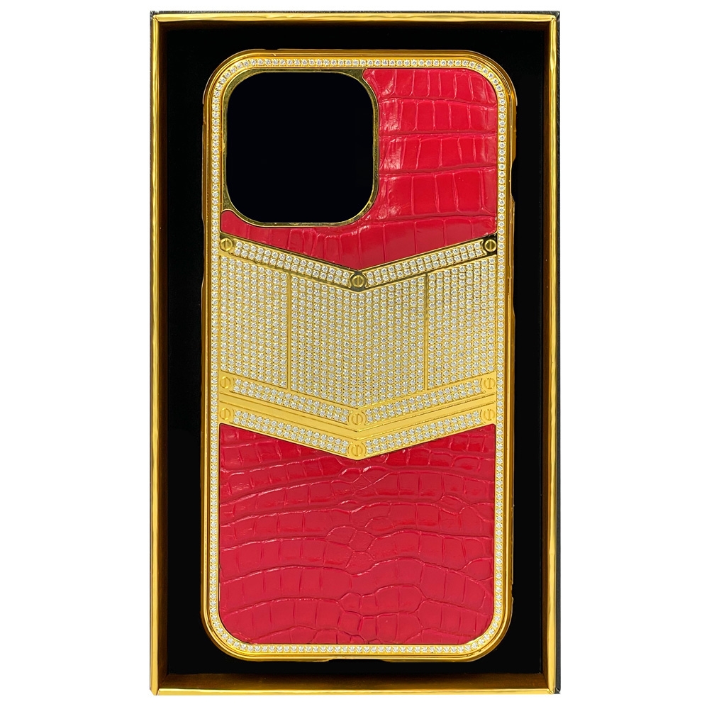 VIP TOUCH IPHONE 14 PRO MAX 24KT GOLD CHERRY GLOSSY CROCODILE LEATHER CRYSTAL EDITION W/CRYSTAL FRAME VIP BADGE ON PLATE