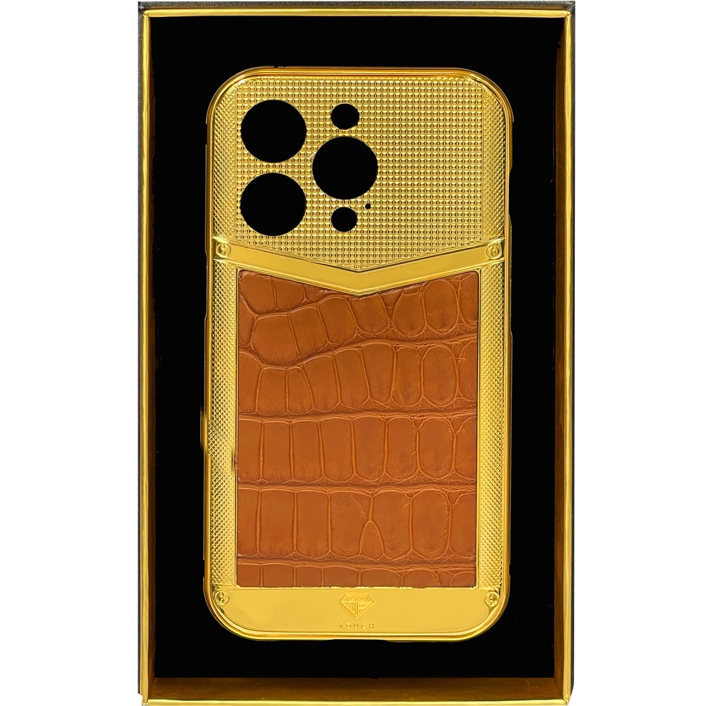 VIP TOUCH IPHONE 14 PRO 24KT GOLD V SQUARE IWC BROWN CROCODILE LEATHER EDITION