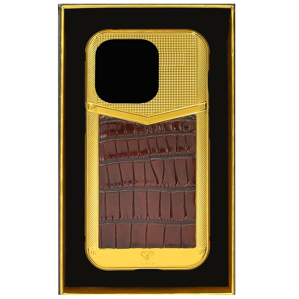 Hiphone Luxury Iphone 14 Pro 24Kt Gold V Square Dark Brown Glossy Crocodile Leather Edition