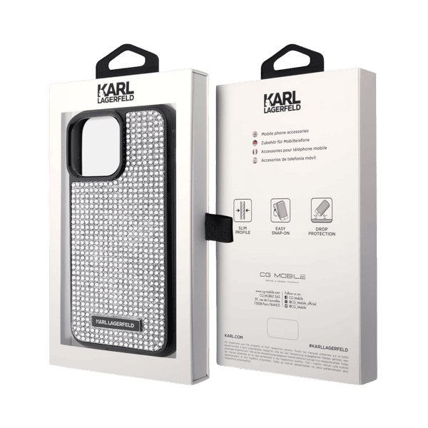 KARL LAGERFELD PHINESTONE WITH LOGO METAL PLATE CASE IPHONE 15 PRO MAX SILVER