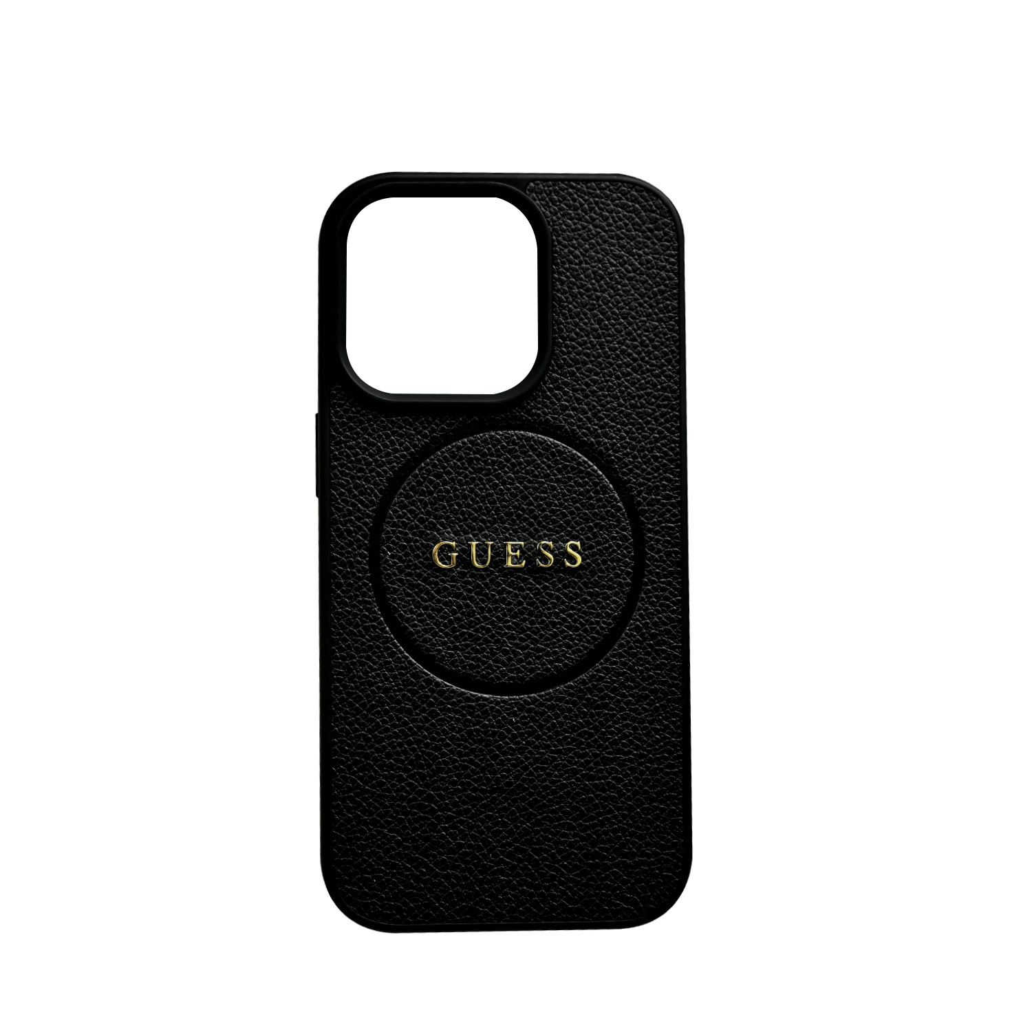 Guess Magsafe PU Grained Hard Case With Gold Ring For iPhone 16 Pro - Black