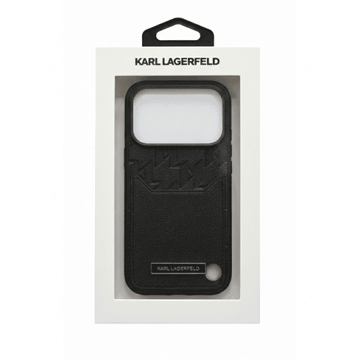 KARL LAGERFELD PU GRAINED CASE WITH CARD HOLDER & MONOGRAM HOT STAMPED PATTERN DE SIGN FOR IPHONE 17 PRO - BLACK