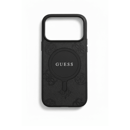 GUESS MAGSAFE PU LEATHER CASE WITH PEONY HOT STAMP DESIGN WITH CLASSSIC LOGO FOR IPHONE 17 PRO - BLACK