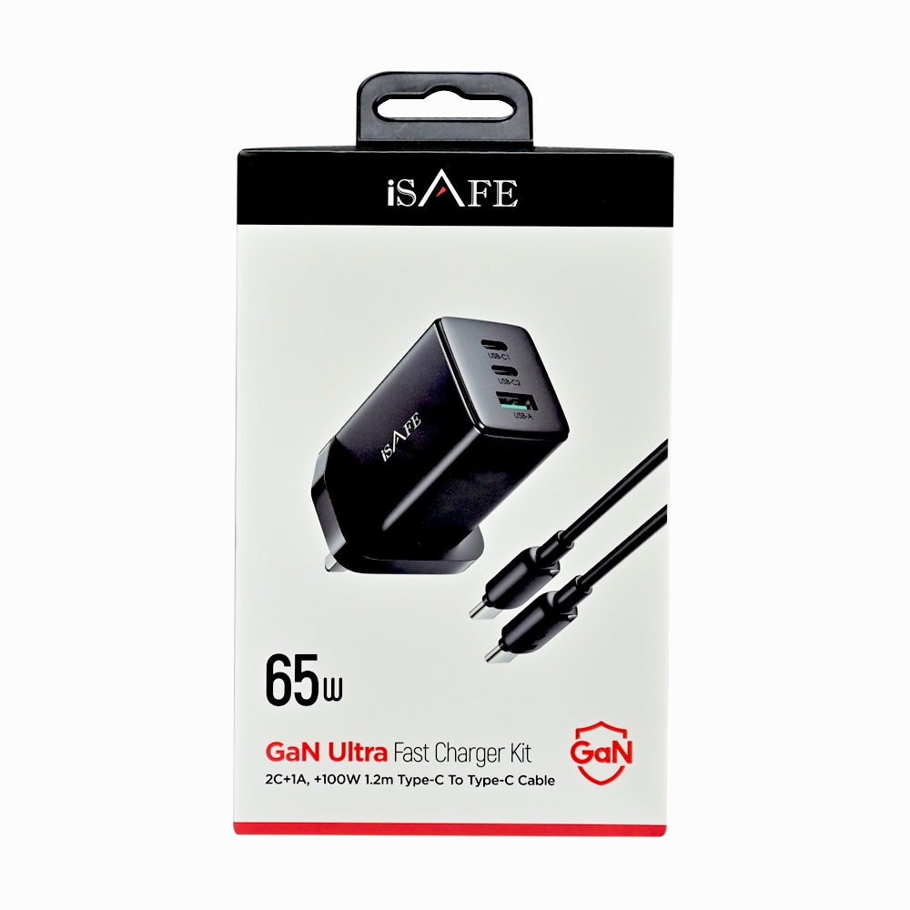 ISAFE 65W GAN ULTRA FAST CHARGER TYPE C - C CABLE BLACK