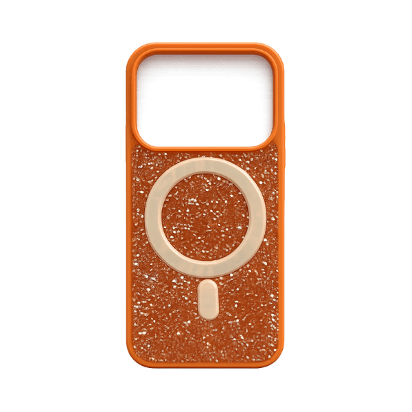 Stylish bling hard cover with MagSafe support for secure attachment. Durable protection with a vibrant orange premium look.