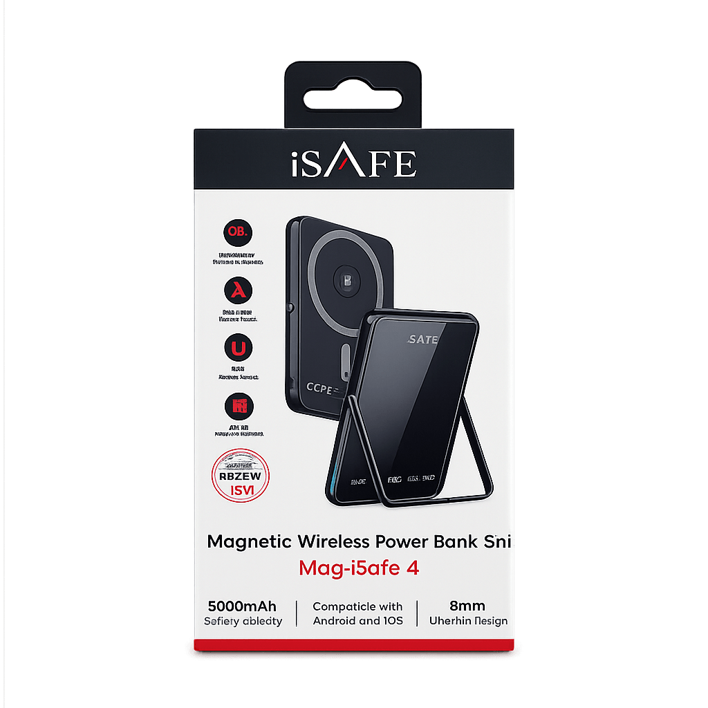 Magnetic 5-in-1 wireless powerbank with 5000mAh capacity for convenient on-the-go charging. Built-in TFT display and foldable stand for easy viewing and power monitoring.