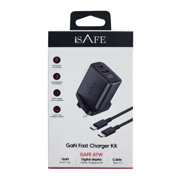 Compact 67W GaN fast charger with USB & Type-C ports for efficient multi-device charging. Smart digital display shows real-time charging status and output.