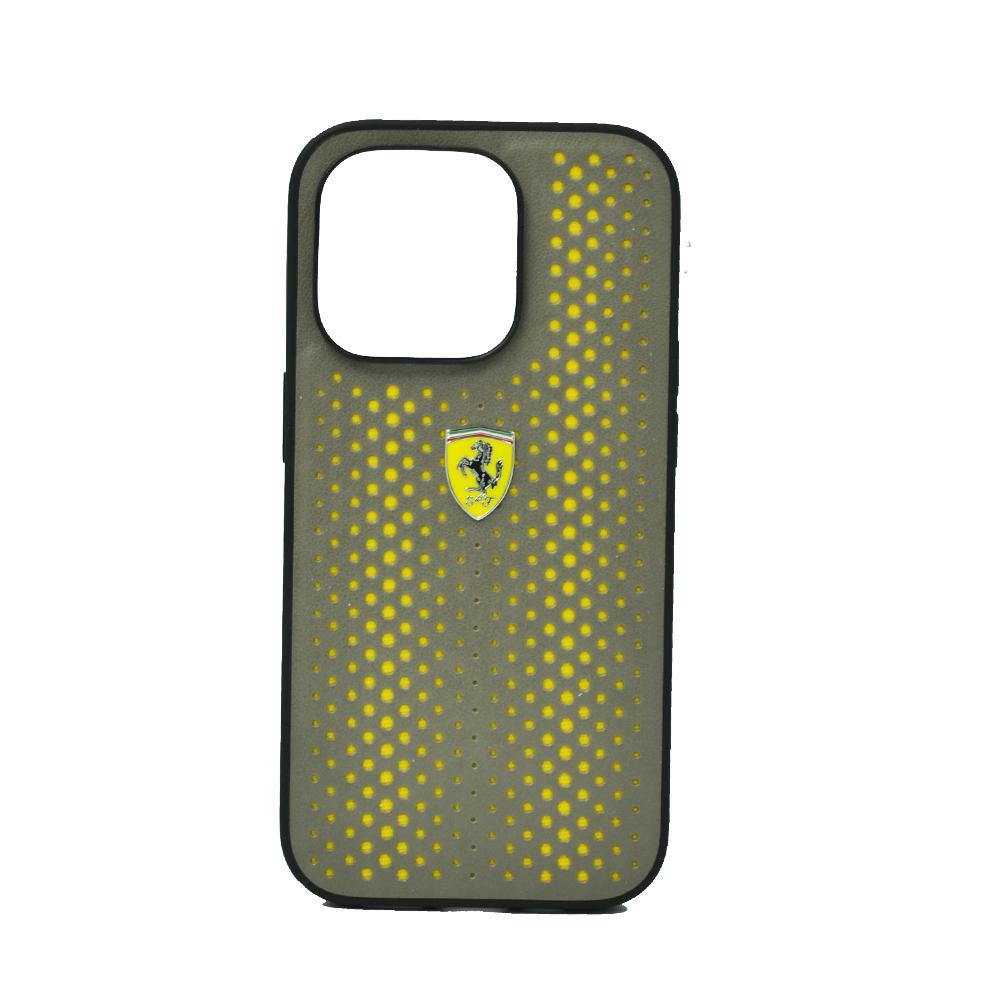 FERRARI PU LEATHER PERFORATED CASE WITH NYLON BASE & YELLOW SHIELD LOGO FOR IPHONE 14 PRO MAX YELLOW