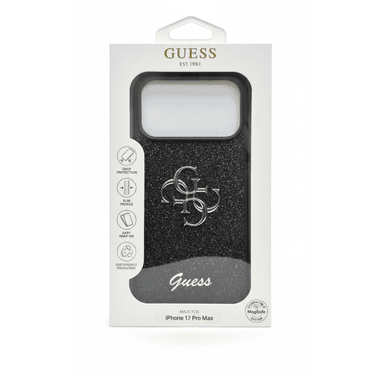 GUESS PU GLITTER CASE WITH BIG 4G METAL LOGO FOR IPHONE 17 PRO MAX - BLACK