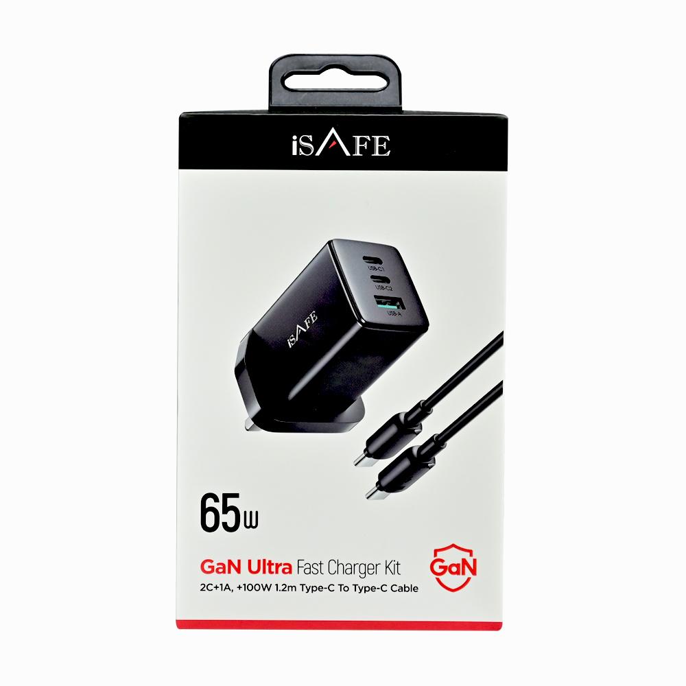 ISAFE 65W GAN ULTRA FAST CHARGER TYPE C - C CABLE BLACK