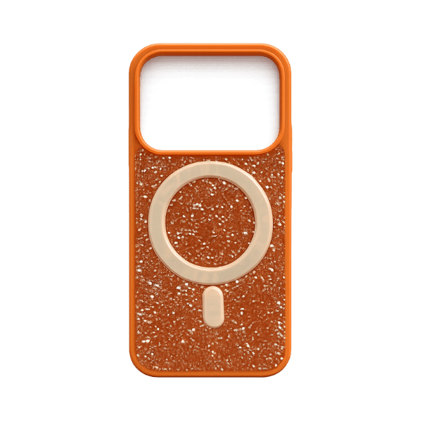 Stylish bling hard cover with MagSafe support for secure attachment. Durable protection with a vibrant orange premium look.