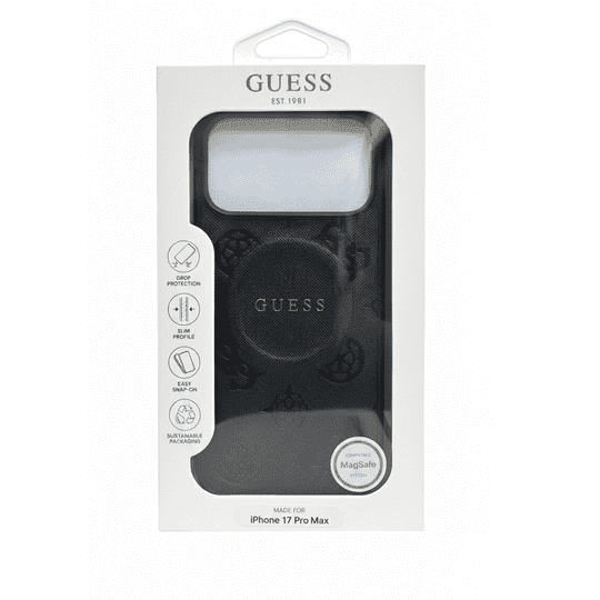 GUESS MAGSAFE PU LEATHER CASE WITH PEONY HOT STAMP DESIGN WITH CLASSSIC LOGO FOR IPHONE 17 PRO MAX - BLACK